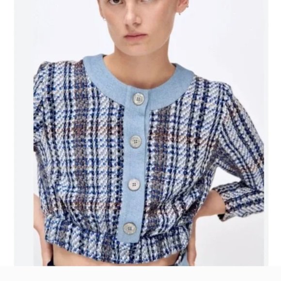 Zara Blue and Brown Plaid Crop Top - Picture 2 of 9